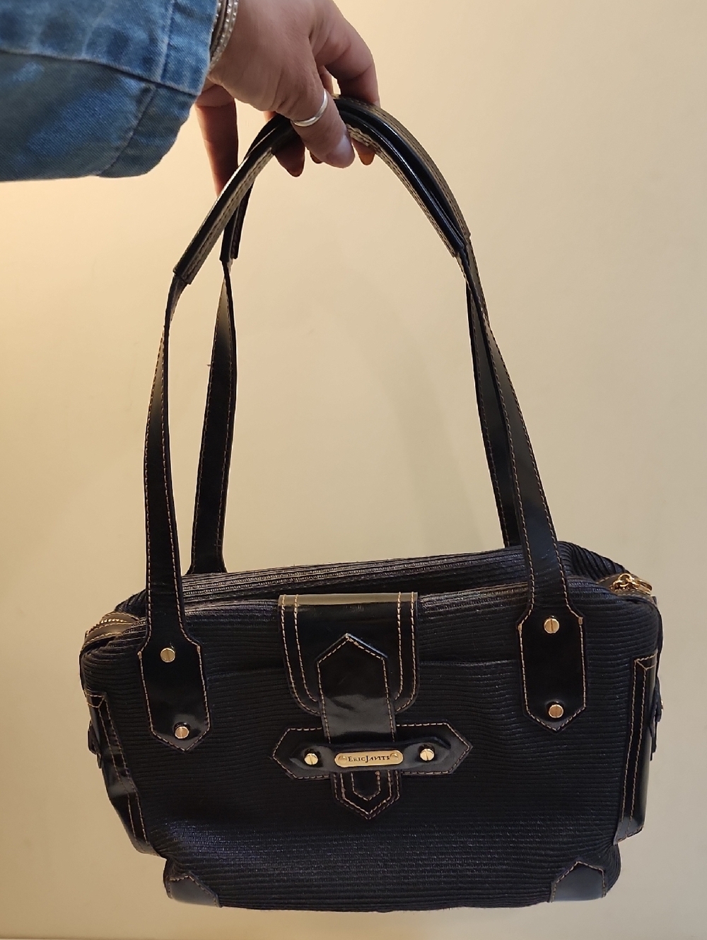 ERIC JAVITS NY Black Shoulder Tote Bag  with Red Interior - Picture 3 of 16